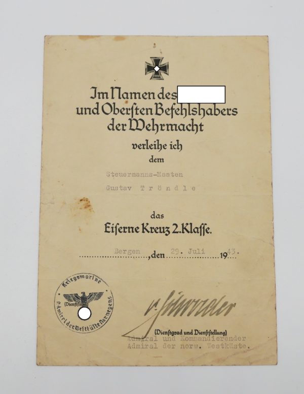 Verleihungsurkunde zum Eisernen Kreuz 2. Klasse - Kriegsmarine - EK