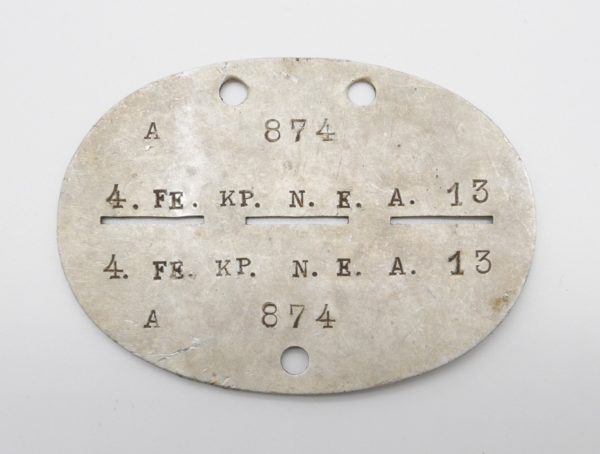 Erkennungsmarke der 4. FE. KP. N. E. A. 13 – Nachrichten Ersatz Abteilung – Dogs Tag – EKM - Bodenfund – Bild 2