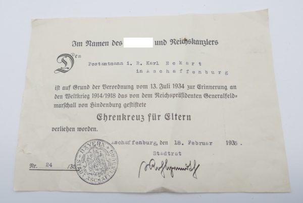 Urkunde zum Ehrenkreuz für Eltern