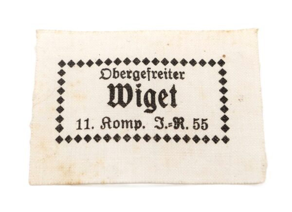 Namensetikett für die Uniform - Obergefreiter Wiget 11. Komp. J.R. 55 - Infanterie - Edikett - Name