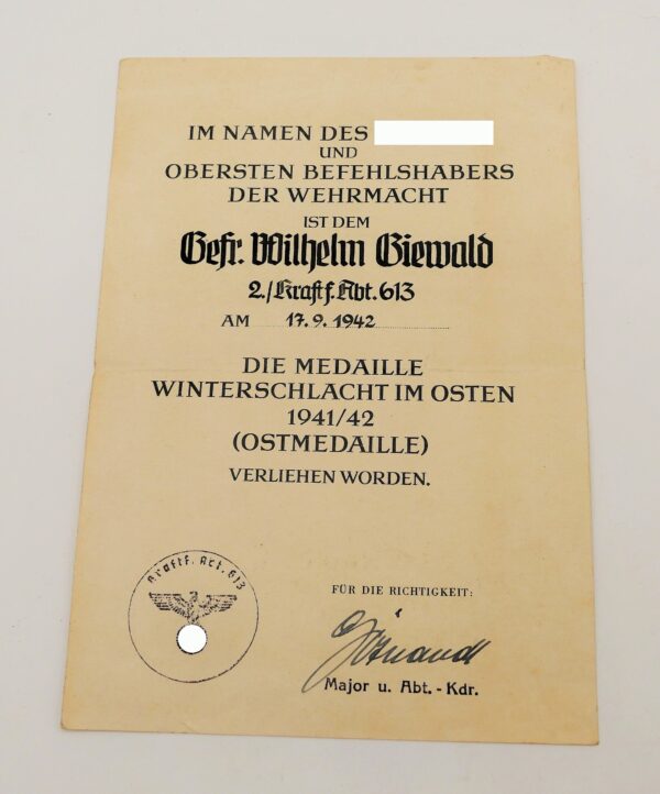 Urkunde zur Medaille Winterschlacht im Osten – Für einen Gefreiten der 2. Kraftf. Abt. 613
