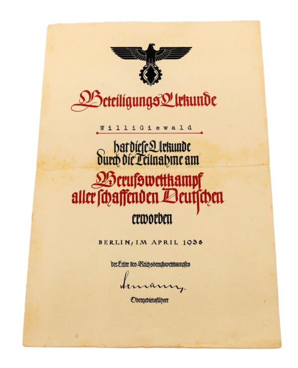 HJ (Hitlerjugend) - Beteiligungs Urkunde - Berufswettkampf aller schaffenden Deutschen