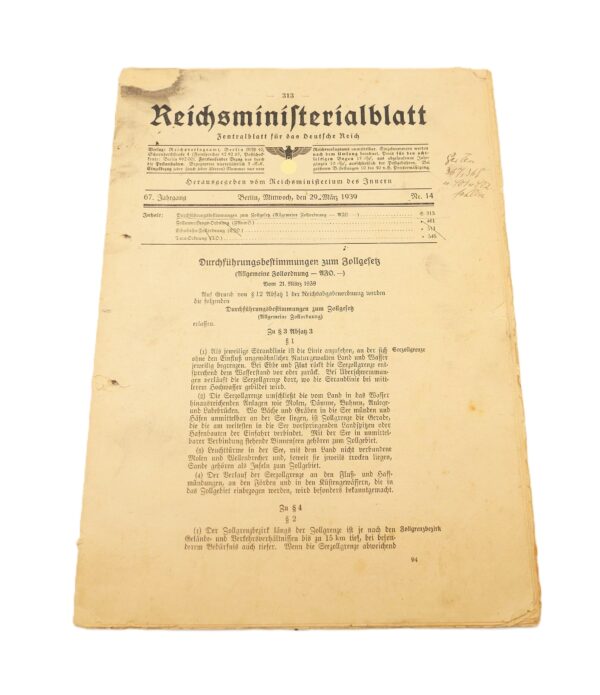 Reichsministerialblatt - Durchführungsbestimmungen zum Zollgesetz 1939 - Zoll