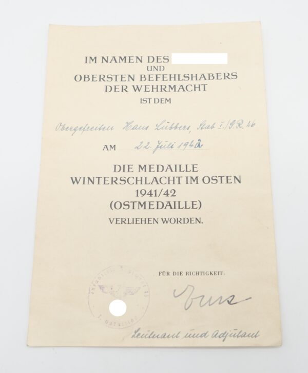 Urkunde zur Medaille Winterschlacht im Osten – Für einen Obergefreiten des G.R. (Grenadier Regiment) 46