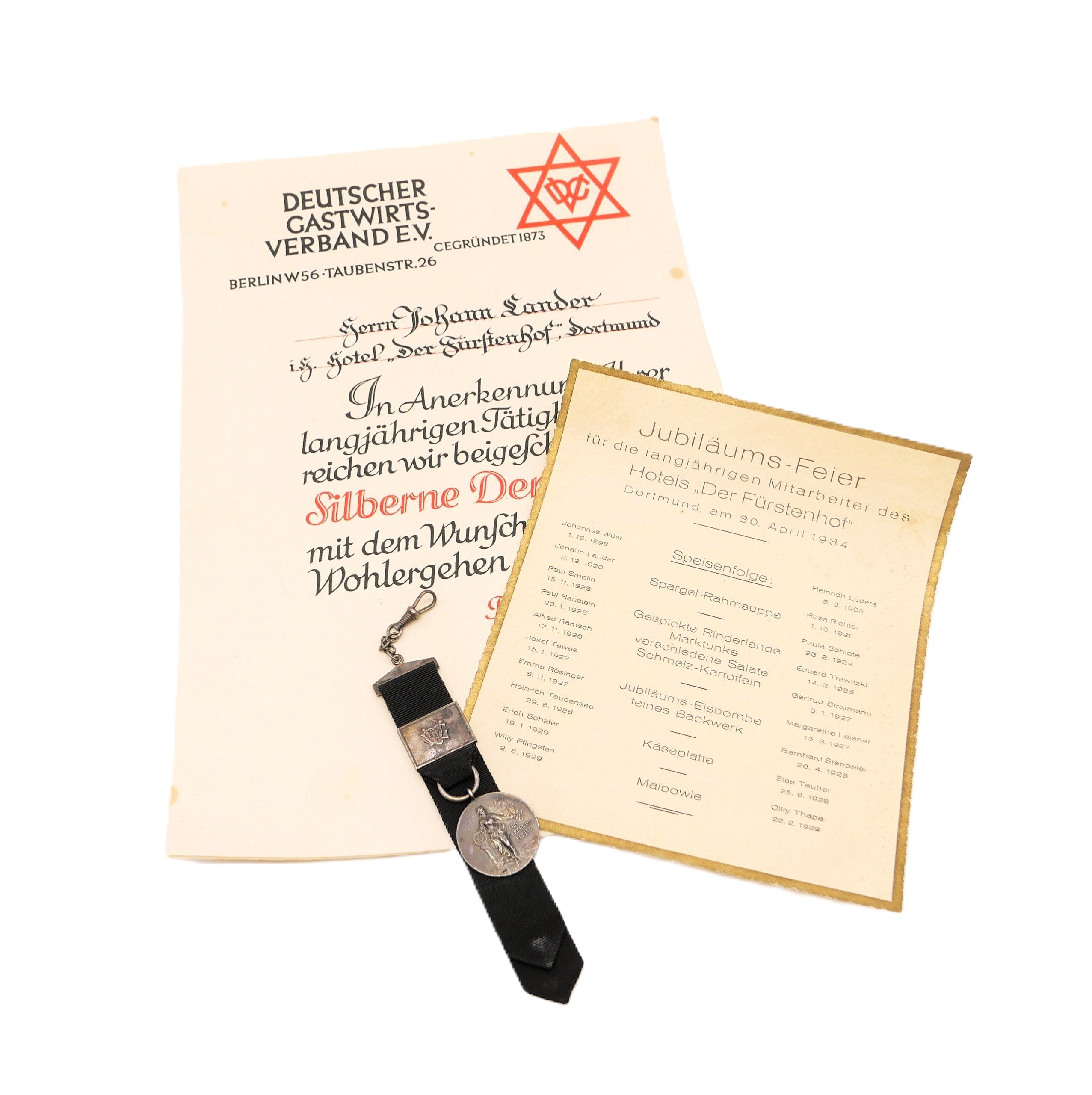 Abzeichen - Silberne Denkmünze mit Urkunde - Deutscher Gastwirts- Verband E.V. - DGV - Hotel Fürstenhof - Dortmund