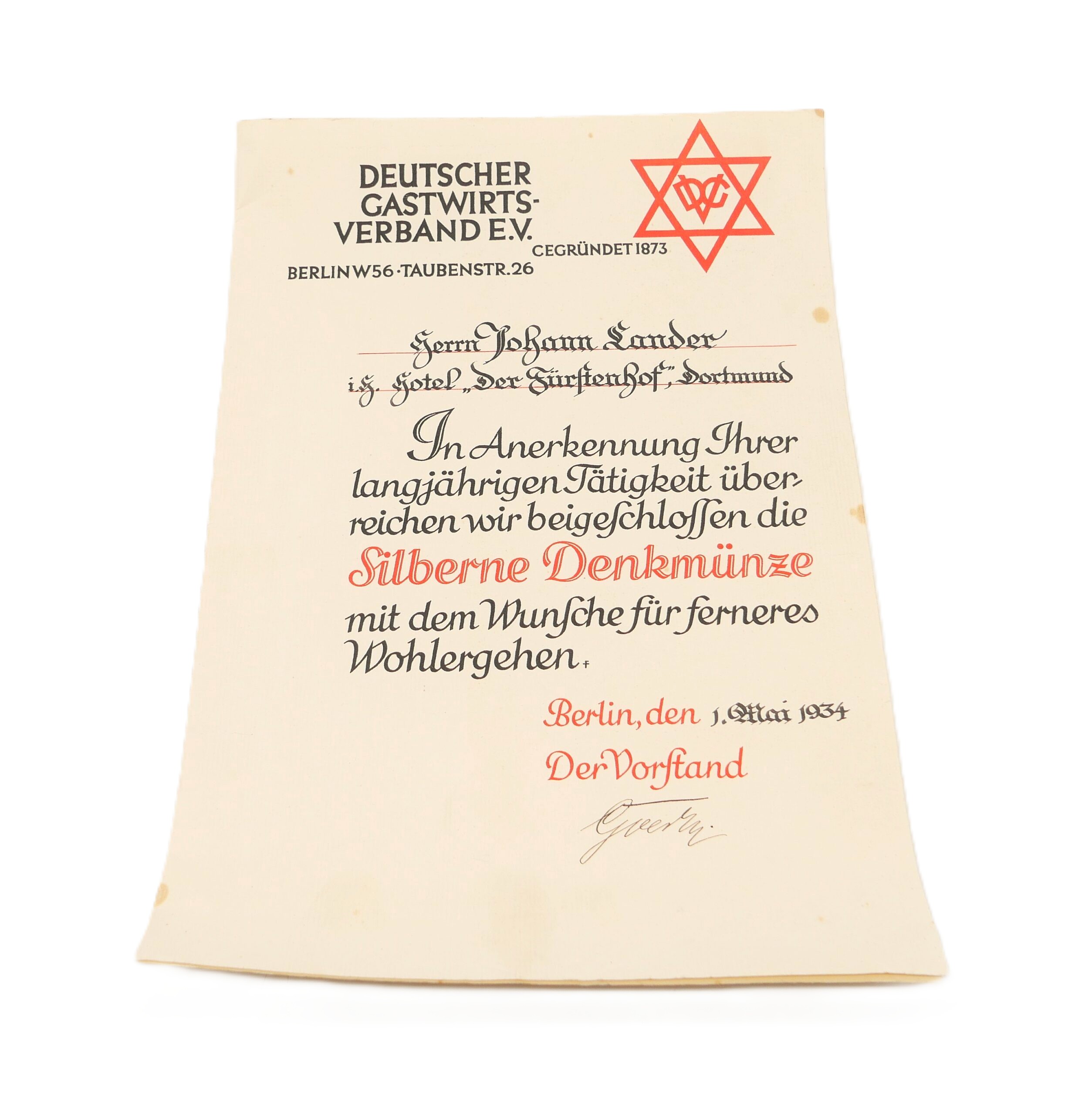 Abzeichen - Silberne Denkmünze mit Urkunde - Deutscher Gastwirts- Verband E.V. - DGV - Hotel Fürstenhof - Dortmund – Bild 3