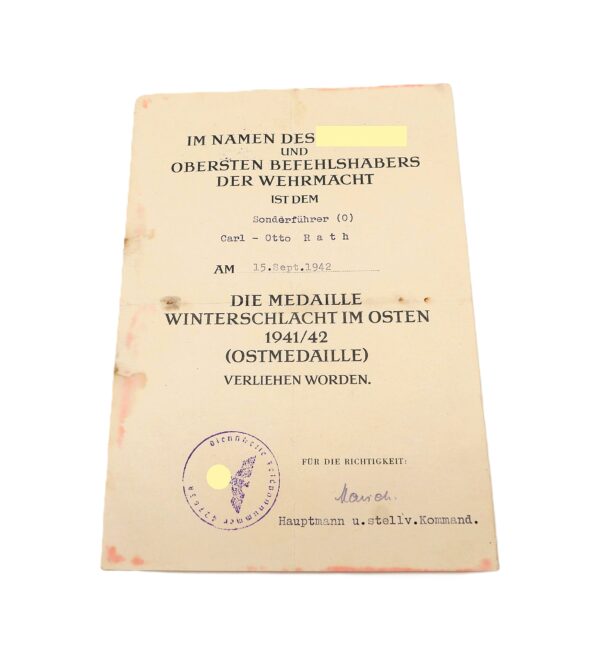 Urkunde zur Medaille Winterschlacht im Osten - Für einen Sonderführer (0) - WIO