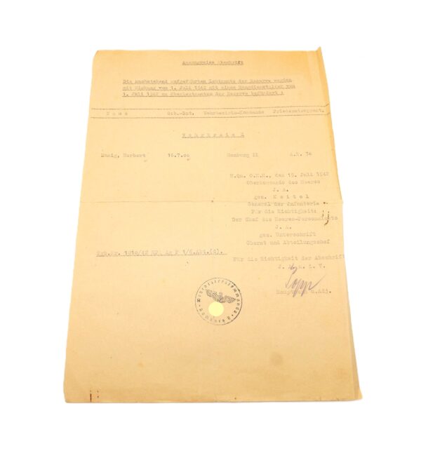Abschrift zur Beförderung zum Oberleutnant - Wehrkreis X (Hamburg) - A. R. 30