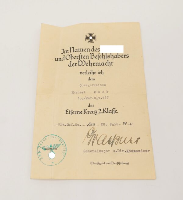 Urkunde zum Eisernen Kreuz 2. Klasse 1939 - Für einen Obergefreiten vom 10./Inf. Rgt. 527