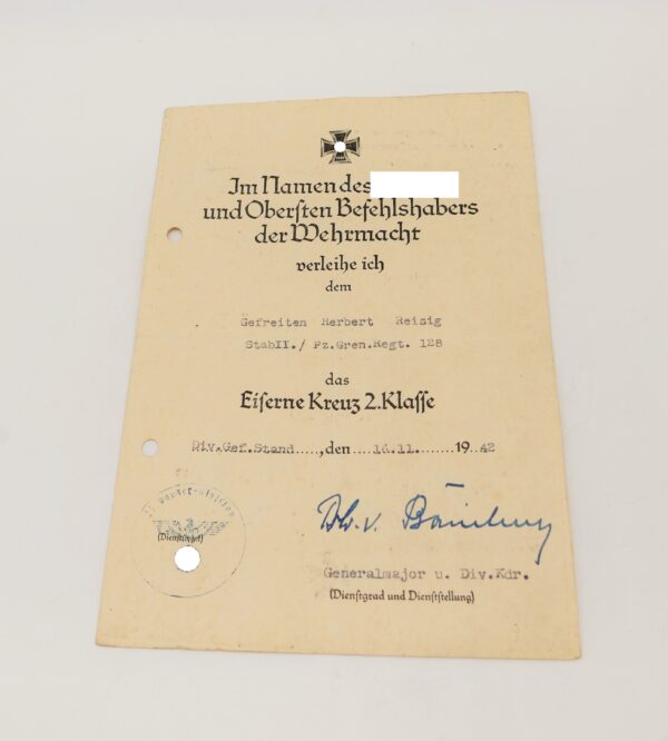 Urkunde zum Eisernen Kreuz 2. Klasse 1939 - Für einen Gefreiten des Stab II./Pz. Gren. Regt. 128