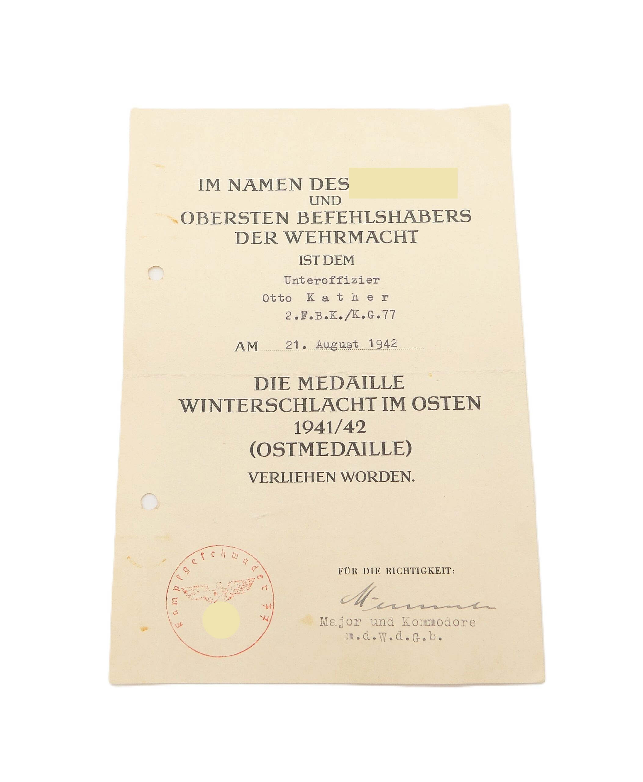 Verleihungsurkunden zum KVK 2. Klasse und der Medaille Winterschlacht im Osten - KG (Kampfgeschwader) 77 - Verleihungsurkunde – Bild 2