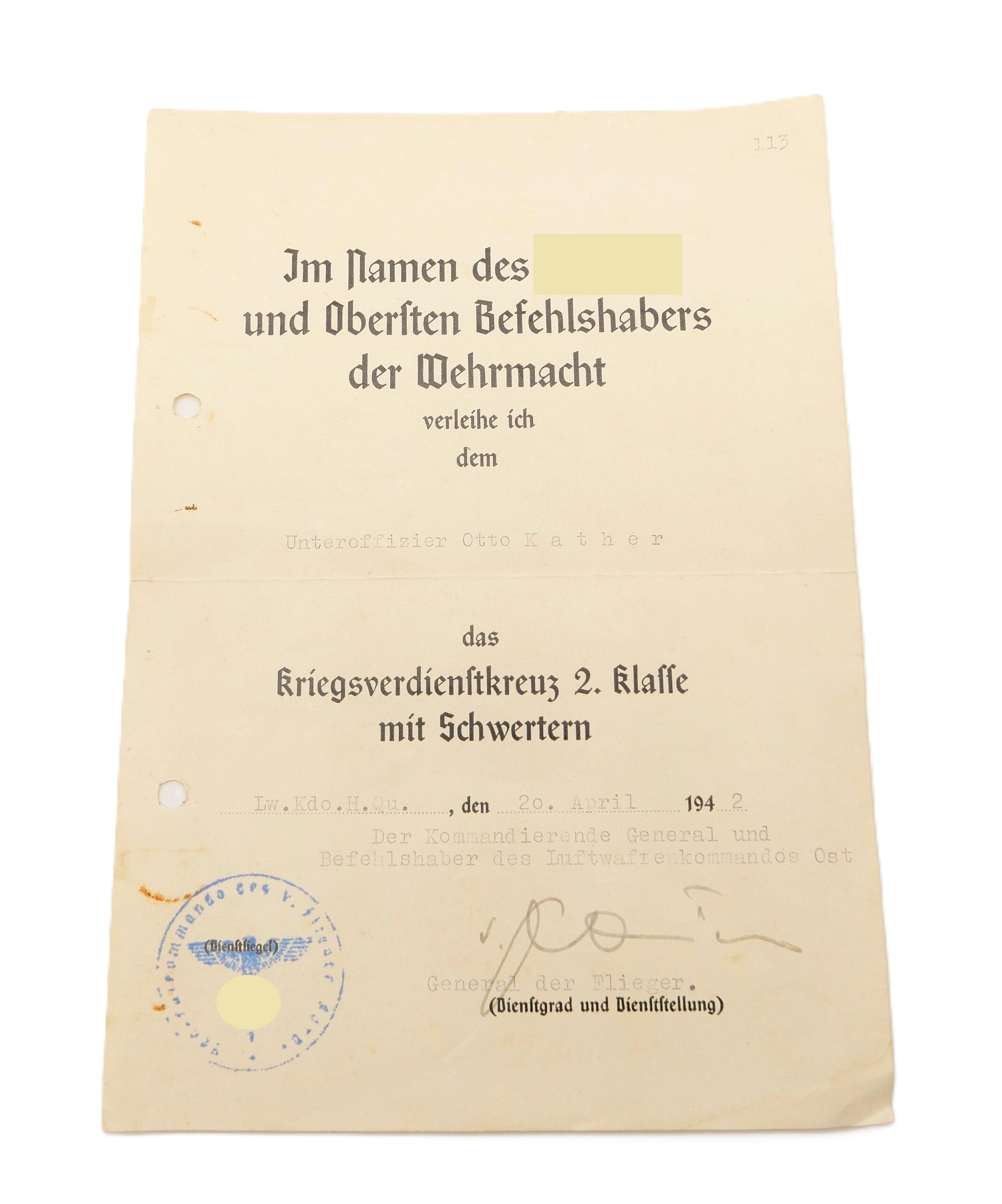 Verleihungsurkunden zum KVK 2. Klasse und der Medaille Winterschlacht im Osten - KG (Kampfgeschwader) 77 - Verleihungsurkunde – Bild 4