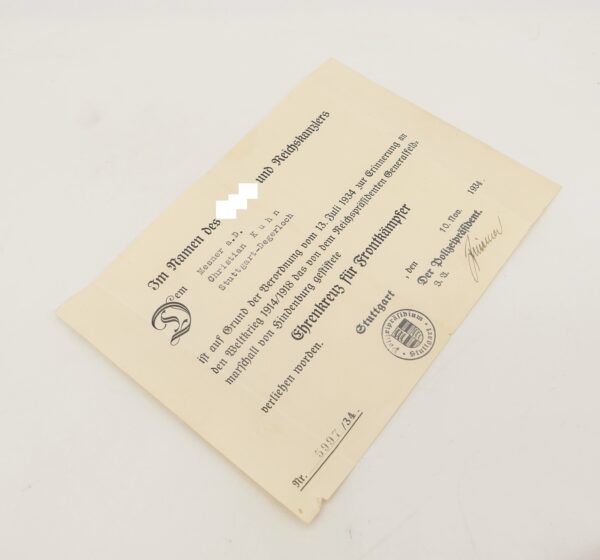 Urkunde zum Ehrenkreuz für Frontkämpfer