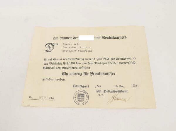 Urkunde zum Ehrenkreuz für Frontkämpfer – Bild 2
