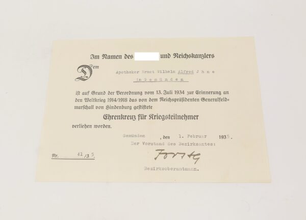 Urkunde zum Ehrenkreuz für Frontkämpfer eines Apothekers – Bild 2