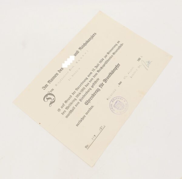 Urkunde zum Ehrenkreuz für Frontkämpfer eines Hauptlehrers