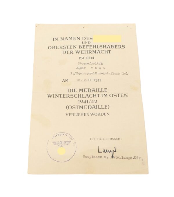 Verleihungsurkunden - Urkunde zum KVK 2. Klasse - Medaille Winterschlacht im Osten - 1./Sturmgeschütz-Abteilung 201 - Verleihungsurkunde – Bild 2