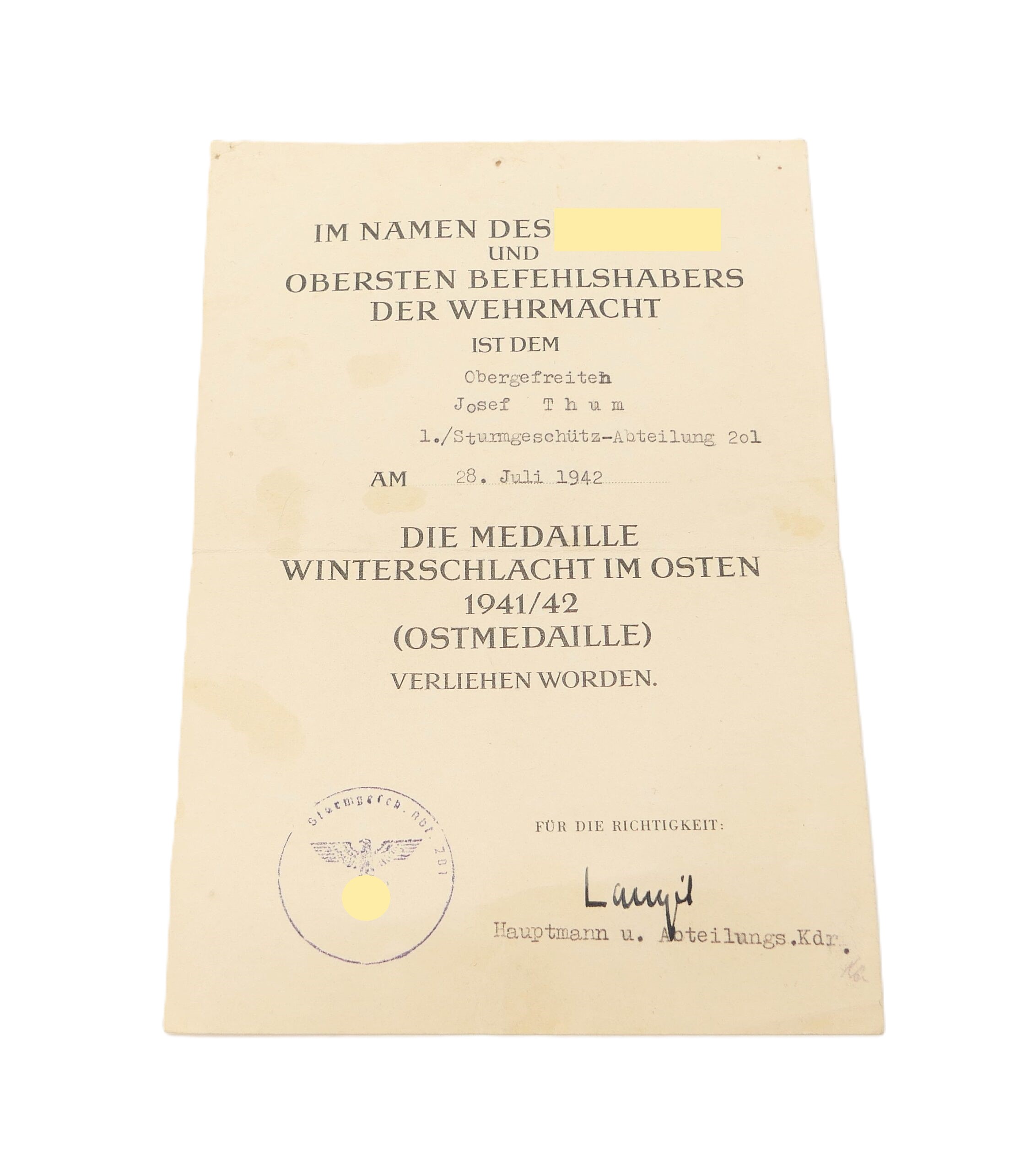 Verleihungsurkunden - Urkunde zum KVK 2. Klasse - Medaille Winterschlacht im Osten - 1./Sturmgeschütz-Abteilung 201 - Verleihungsurkunde – Bild 2