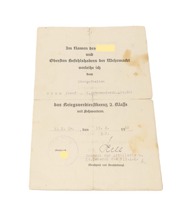 Verleihungsurkunden - Urkunde zum KVK 2. Klasse - Medaille Winterschlacht im Osten - 1./Sturmgeschütz-Abteilung 201 - Verleihungsurkunde – Bild 3