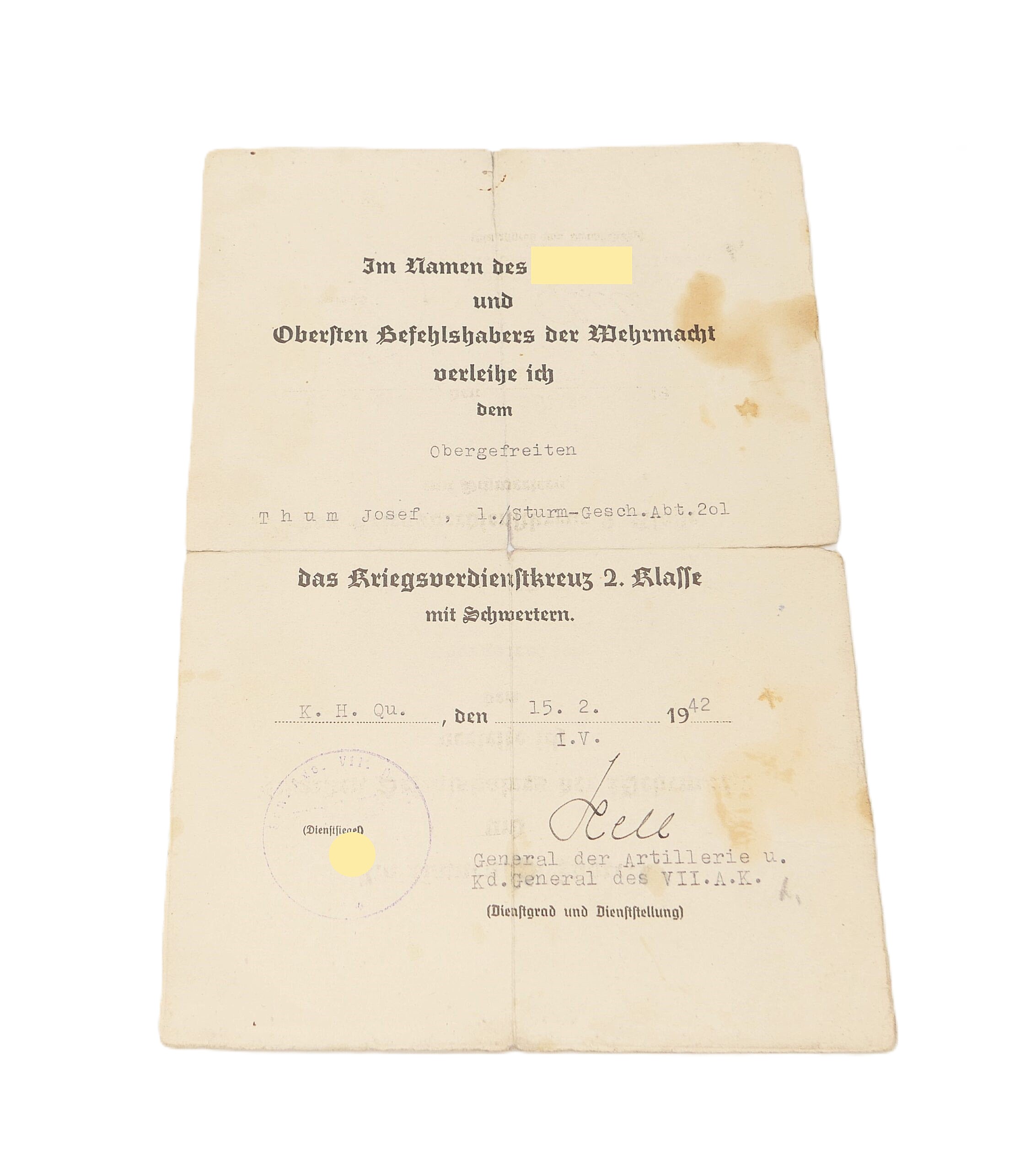 Verleihungsurkunden - Urkunde zum KVK 2. Klasse - Medaille Winterschlacht im Osten - 1./Sturmgeschütz-Abteilung 201 - Verleihungsurkunde – Bild 3