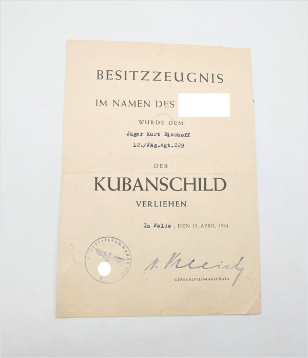 Besitzzeugnis Kubanschild - Jäger - 12./Jgt. Rgt. 229 - Kuban