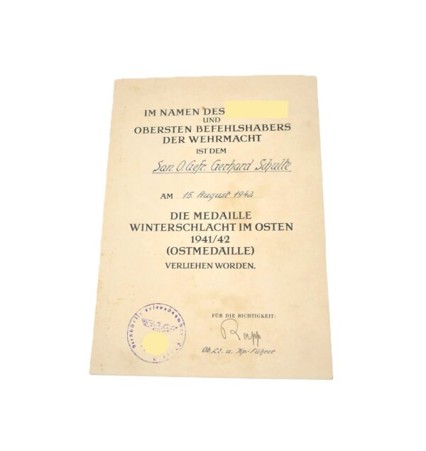 Urkunde zur Medaille Winterschlacht im Osten - Für einen Sanitäter - Obergefreiter (San. O. Gefr.) - WIO