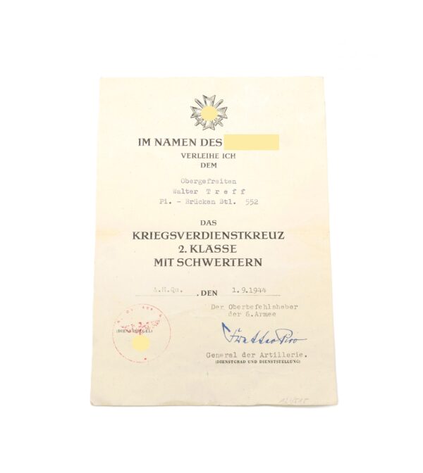 Verleihungsurkunde zum Kriegsverdienstkreuz 2. Klasse mit Schwertern - Pi.-Brücken Btl. 552 (6. Armee) - Urkunde - KVK