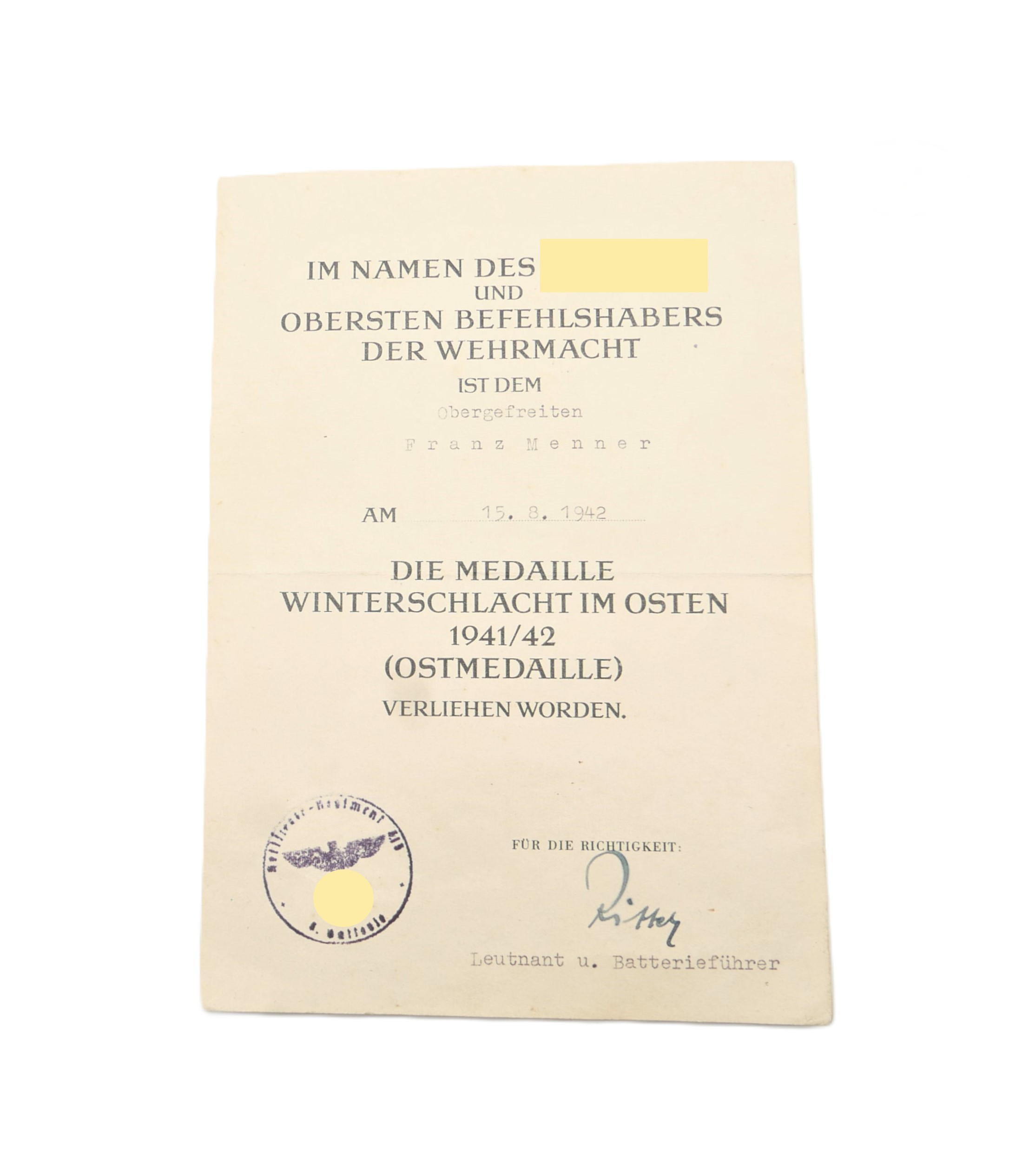 Urkunde zur Medaille Winterschlacht im Osten - Eines Obergefreiten der Artillerie - WIO