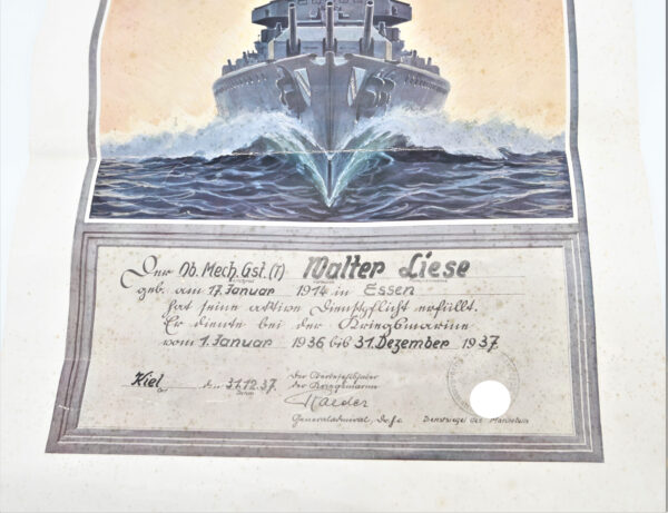 Schmuckurkunde für einen Ob. Mech. Gst.(T) der Kriegsmarine - Für die Erfüllung seiner Dienstpflicht - Urkunde - Marine – Bild 2