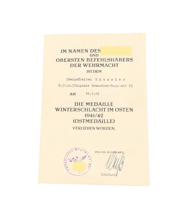 Urkunde zur Medaille Winterschlacht im Osten - Eines Obergefreiten des 8. (M.G.) Kompanie Grenadier-Regiment 23 - WIO