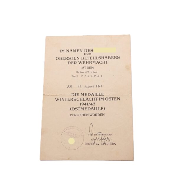 Urkunde zur Medaille Winterschlacht im Osten – Für einen Unteroffizier der Feldgendarmerie - WIO