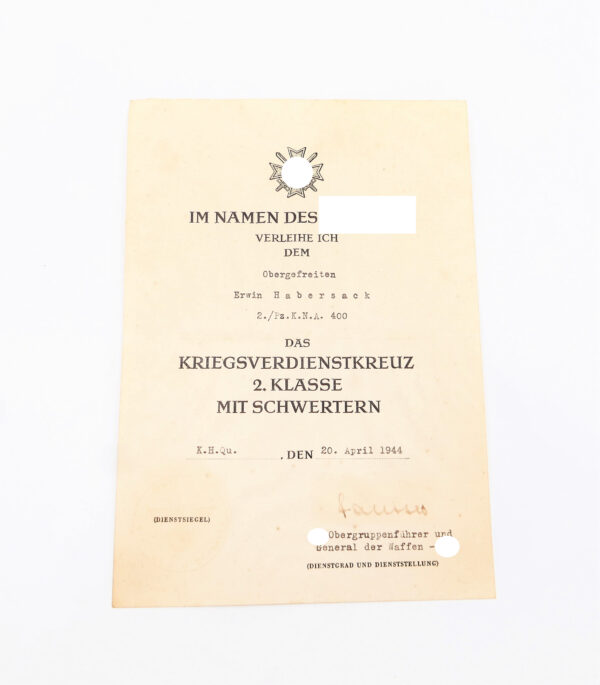 Urkunden eines Obergefreiten der 2./Pz.K.N.A. - VWA - KVK Urkunde mit Unterschrift SS Obergruppenführer Paul Hausser – Bild 4