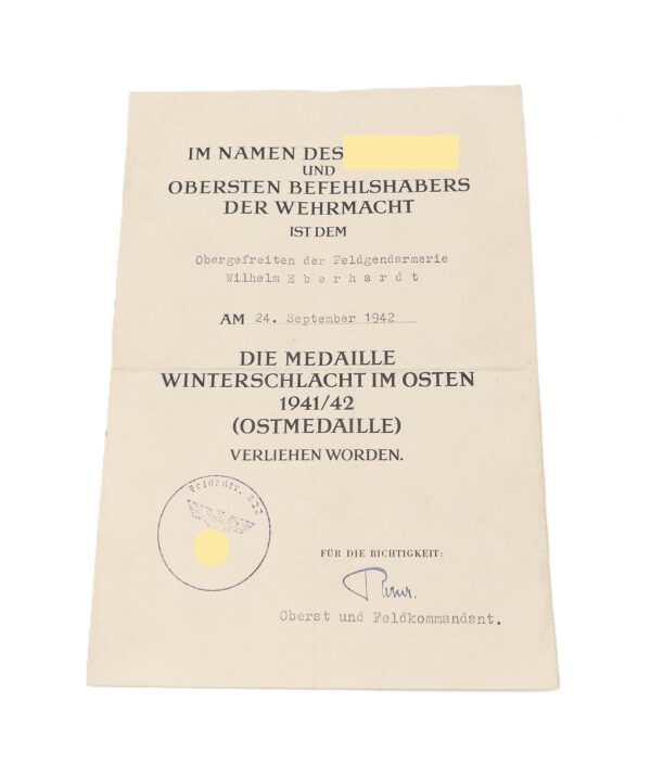 Urkunde zur Medaille Winterschlacht im Osten - Für einen Obergefreiten der Feldgendarmerie - WIO