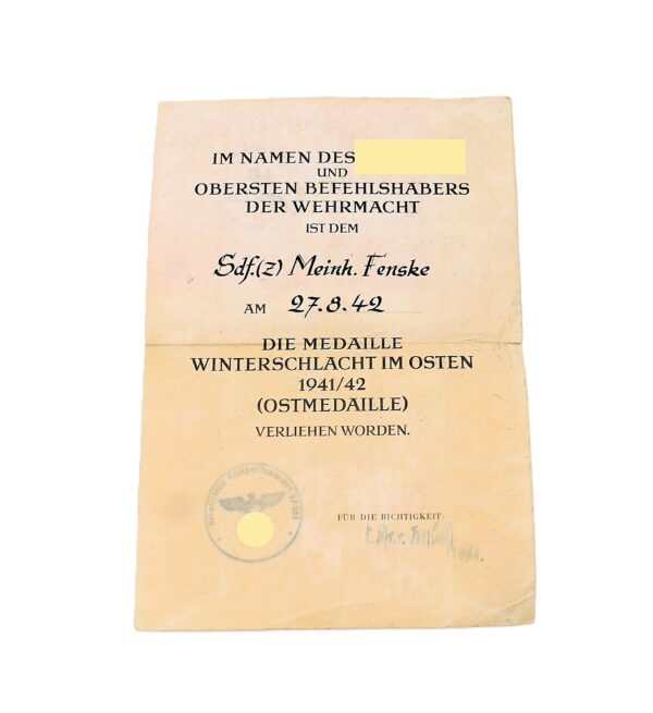 Urkunde zur Medaille Winterschlacht im Osten - Für einen Sonderführer und Propagandafotograf - WIO