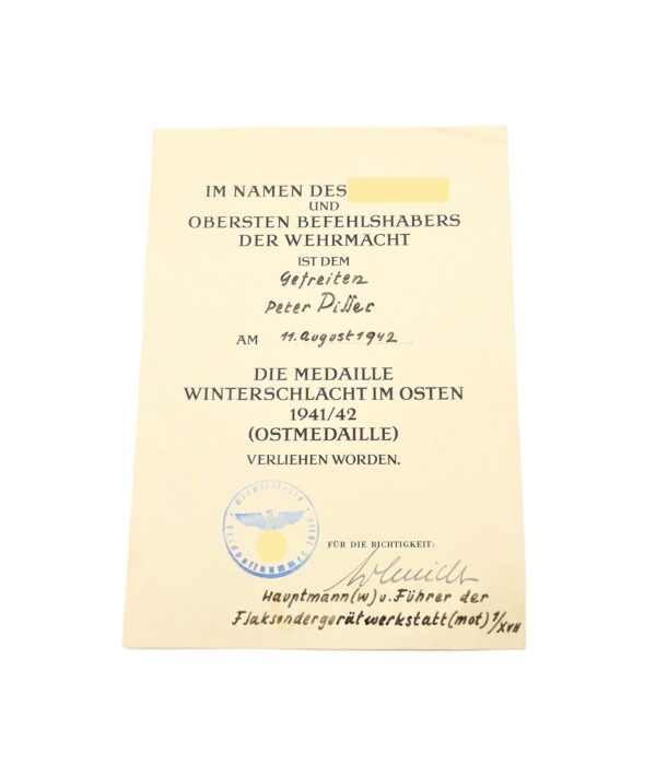 Urkunde zur Medaille Winterschlacht im Osten - Eines Gefreiten der Flaksendergerätwerkstatt (mot) 1/XVII