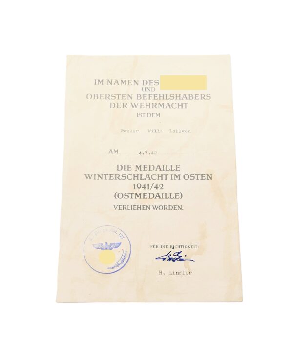 Urkunde zur Medaille Winterschlacht im Osten - Eines Funker der 2. Panzer Abt. 127 - WIO