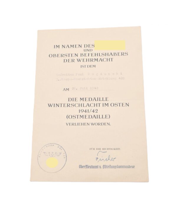Urkunde zur Medaille Winterschlacht im Osten - Für einen Gefreiten der 3./Korps-Nachrichten-Abteilung 428 - WIO