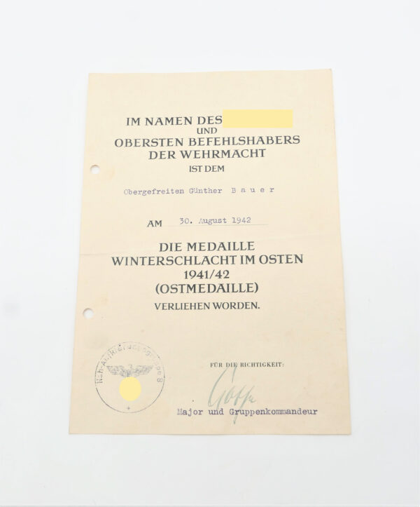 Verleihungsurkunden - Medaille Winterschlacht im Osten - Kraftfahrtbewährungsabzeichen Bronze - Nah- Aufklärungsgruppe 8 – Bild 2