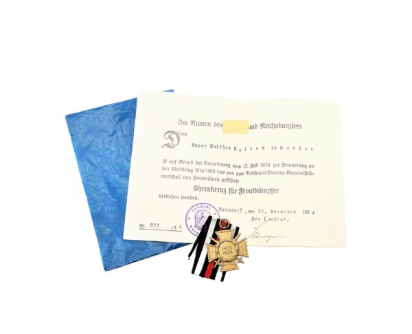 Verleihungsurkunde zum Ehrenkreuz für Frontkämpfer – Hersteller Ad.B.L. (Adolf Baumeister, Lüdenscheid) - Mit Urkunde und Tüte - FEK