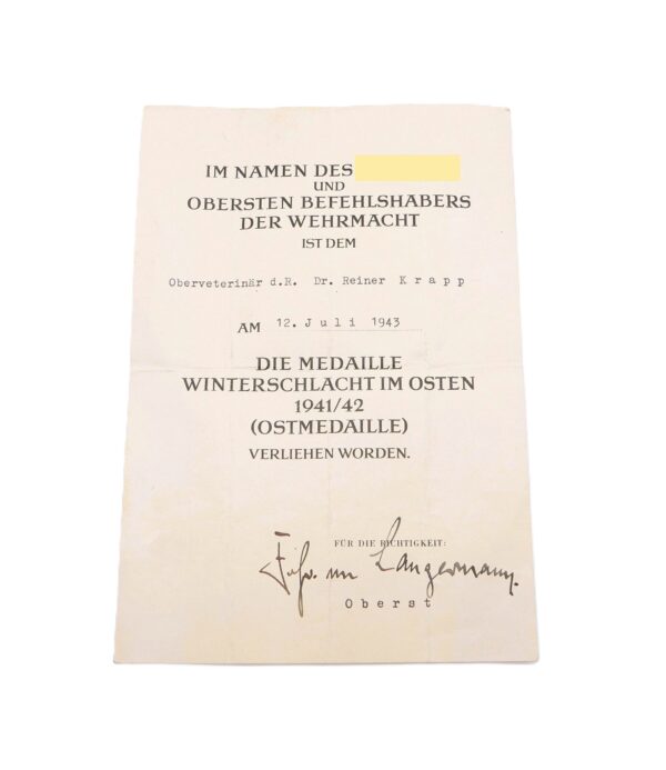 Verleihungsurkunde zur Medaille Winterschlacht im Osten - Für einen Oberveterinär d. R. - Tierarzt - WIO – Bild 2