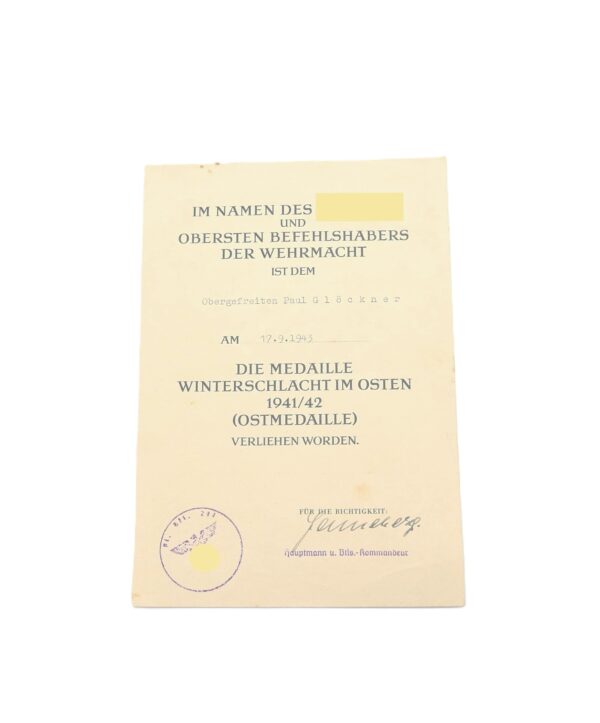 Urkunde zur Medaille Winterschlacht im Osten – Für einen Obergefreiten - WIO