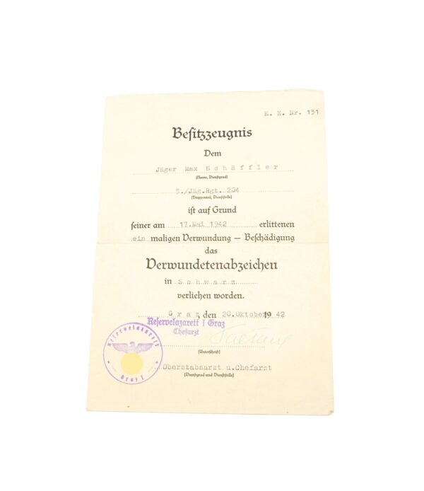 Verleihungsurkunde/Urkunde/Besitzzeugnis zum Verwundetenabzeichen Schwarz - Arbeitsbuch - DAF Mitgliedsbuch - Eines Angehörigen des 5. Jäg. Rgt. 204 (Spielhahnjäger) – Bild 2