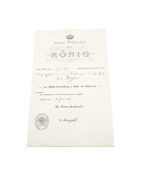 Bayern – Urkunde - Verleihungsurkunde zum Militär-Verdienst-Kreuz 3. Klasse mit Schwertern – Bayr. M. V. Kr. 3. KL.