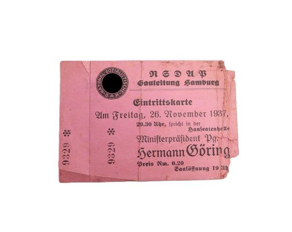 Eintrittskarte - Zur Rede von Ministerpräsident Pg. Hermann Göring - NSDAP Gauleitung Hamburg Hanseatenhalle - 26. November 1937 – Bild 2