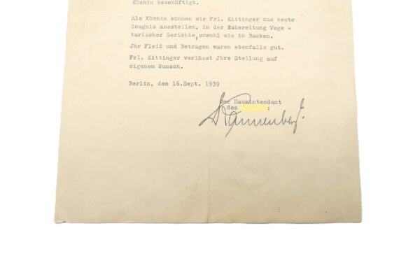 Arbeitszeugnis Frl. Cäcilia Kittinger – Ehemalige Köchin für Adolf Hitler in der alten Reichskanzlei/Führerhauptquartier in der Wilhelmstrasse 77, Berlin – Bild 2