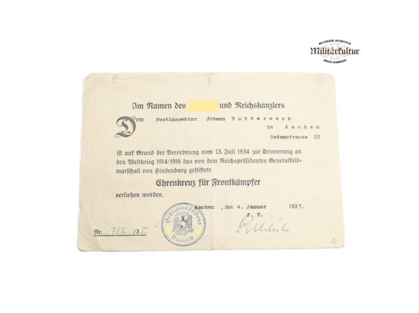 Verleihungsurkunde zum Ehrenkreuz für Frontkämpfer – Urkunde - FEK – Bild 2