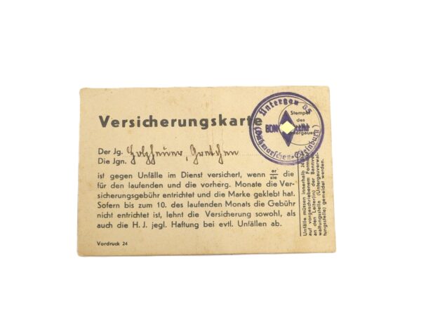 HJ (Hitlerjugend) Versicherungskarte - 1936 - Untergau 85 - Dithmarschen - Steinburg – Bild 2