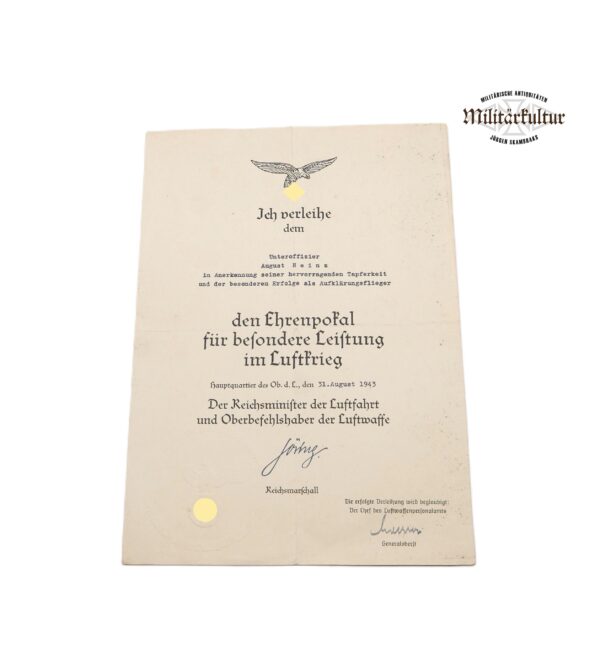 Verleihungsurkunde - Ehrenpokal für besondere Leistungen im Luftkrieg –  An einen Flugzeugführer - Inhaber des Deutschen Kreuz in Gold
