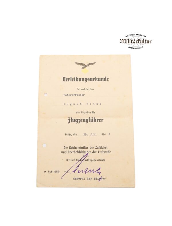 Verleihungsurkunde zum Abzeichen für Flugzeugführer - Urkunde - Flugzeugführerabzeichen