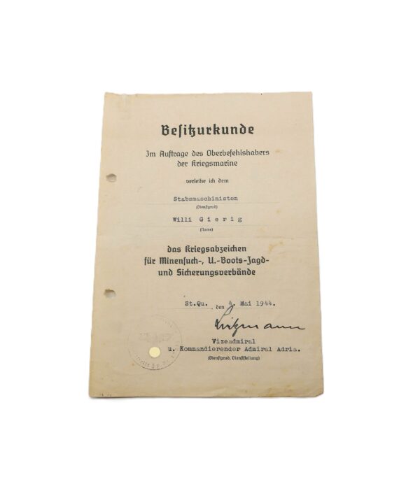 Besitzurkunde Kriegsmarine – Minensucher (Kriegsabzeichen für Minensuch-, U-Boots-, Jagd- und Sicherungsverbände) - Urkunde – Bild 2
